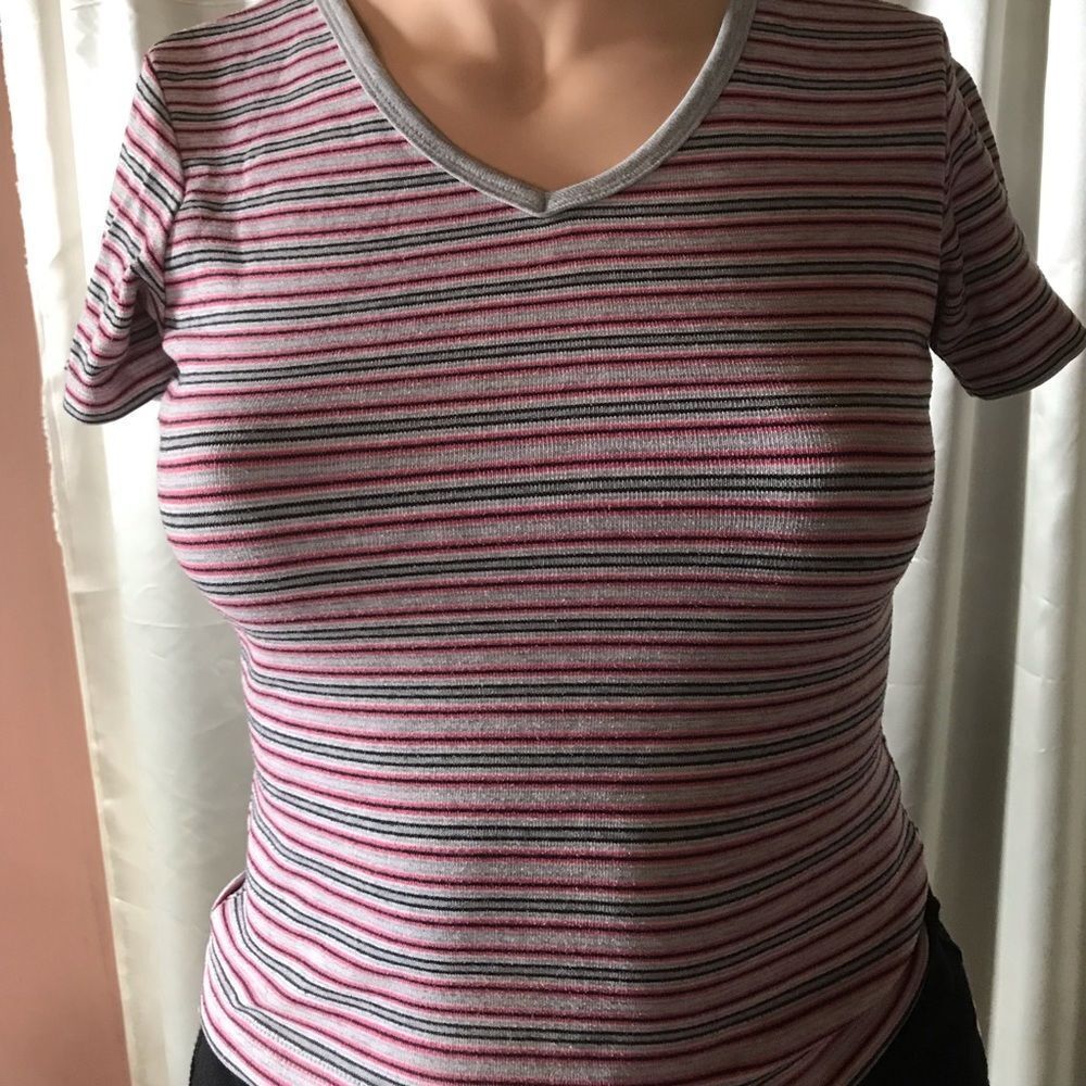 Route 66 Pink/ Gray stripped fitted tee sz. M